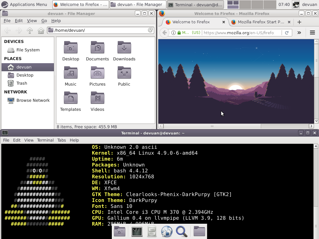 Busy Desktop in Devuan 2.0 ASCII